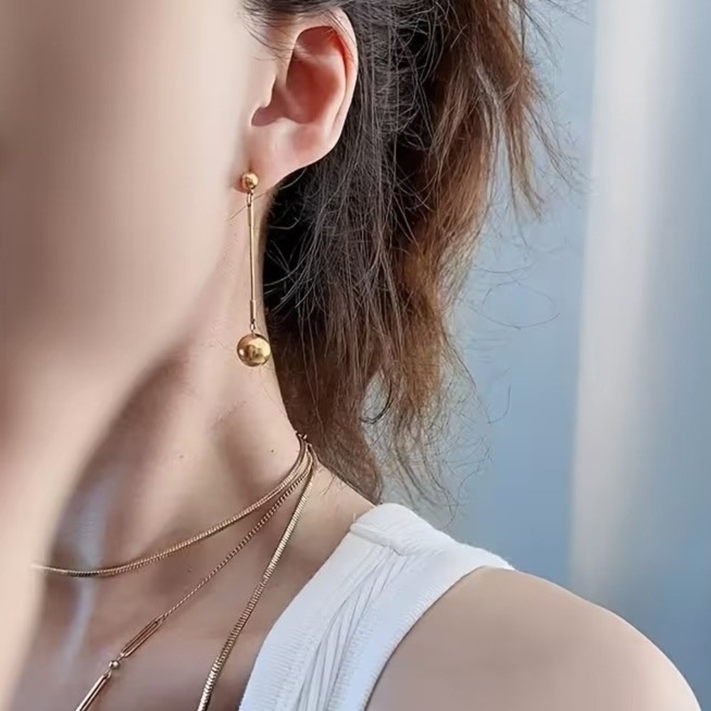 18K Gold Plated Stainless Steel Sphere Dangle Earrings Long Drop Chain - Picture 2 of 2
